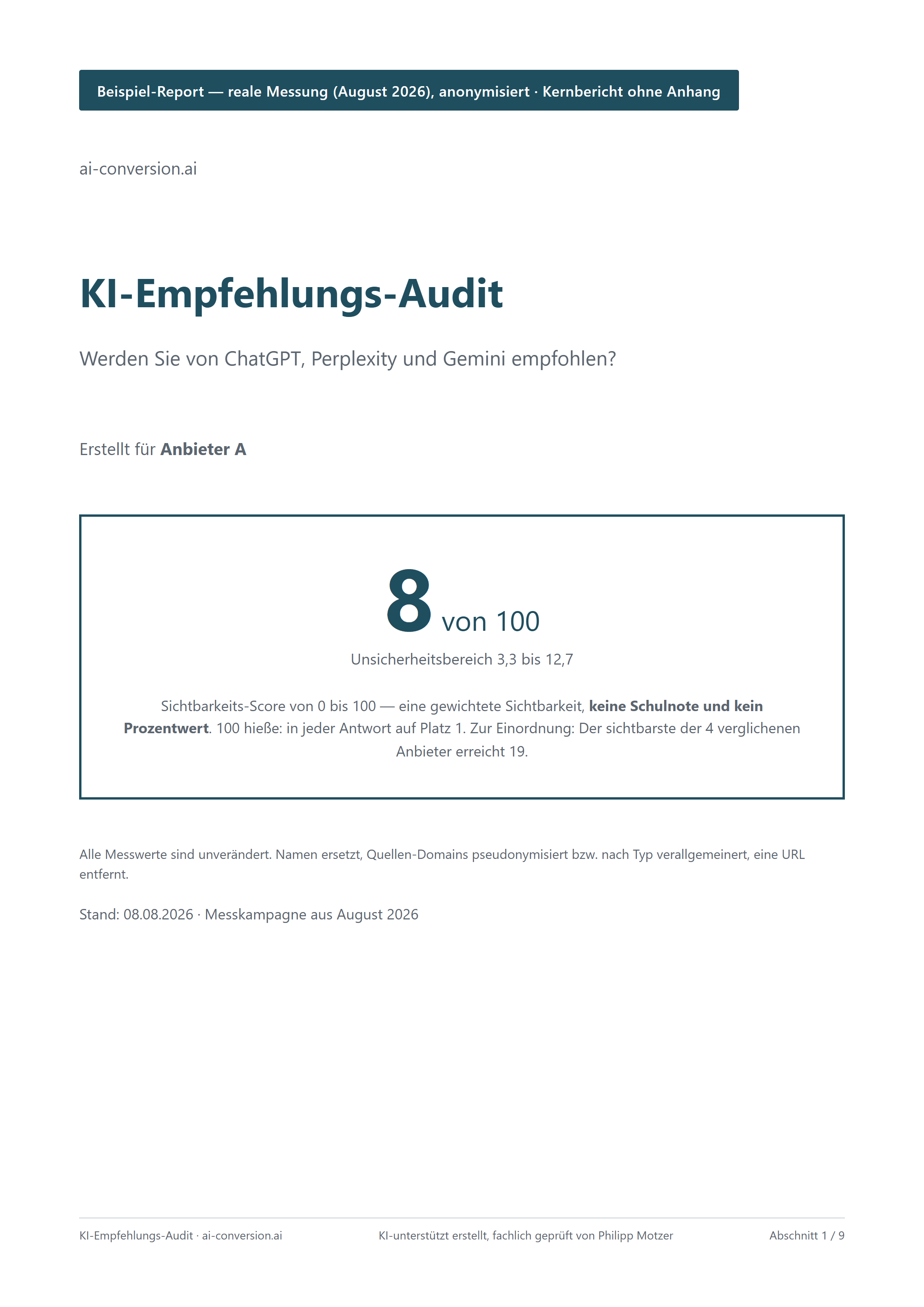 Deckblatt eines PDF-Reports, mittig der Sichtbarkeits-Score 8 von 100